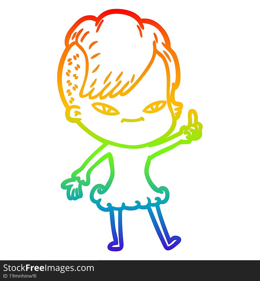 rainbow gradient line drawing of a cute cartoon girl with hipster haircut