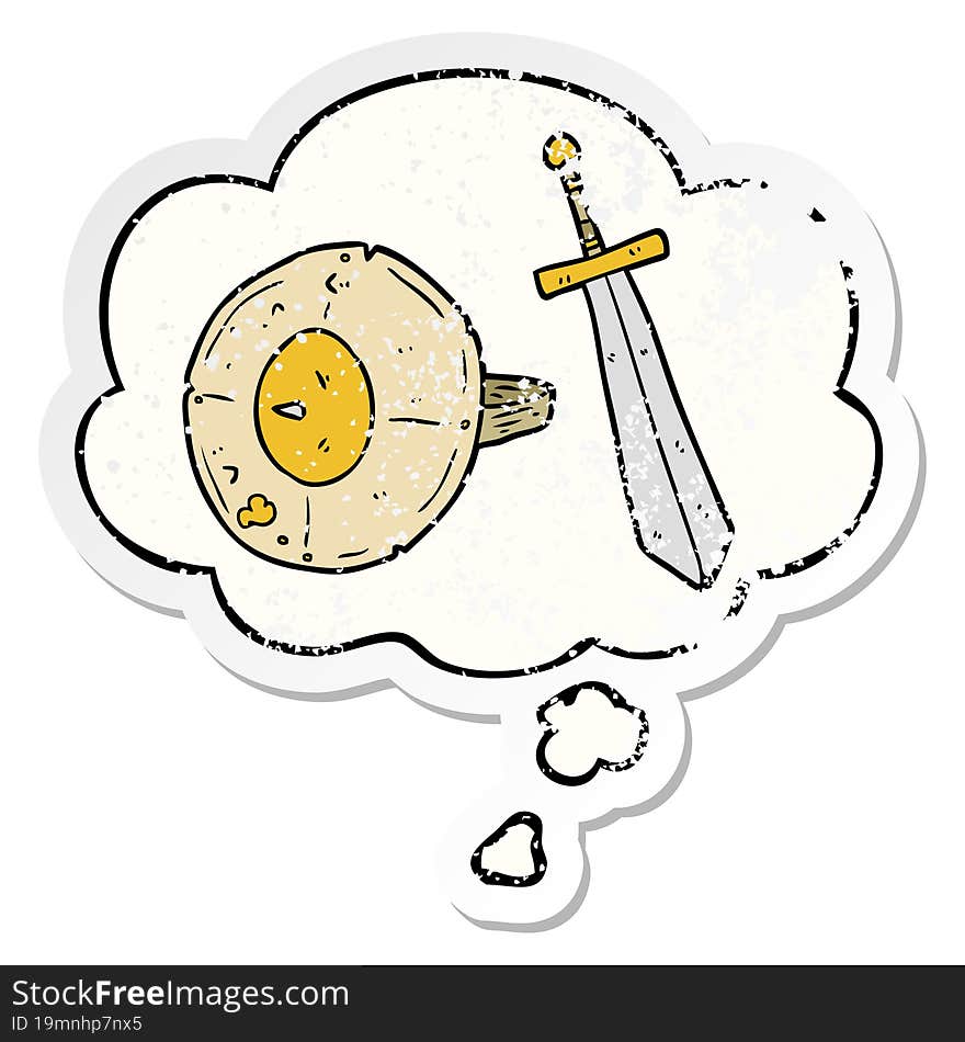 cartoon shield and sword and thought bubble as a distressed worn sticker