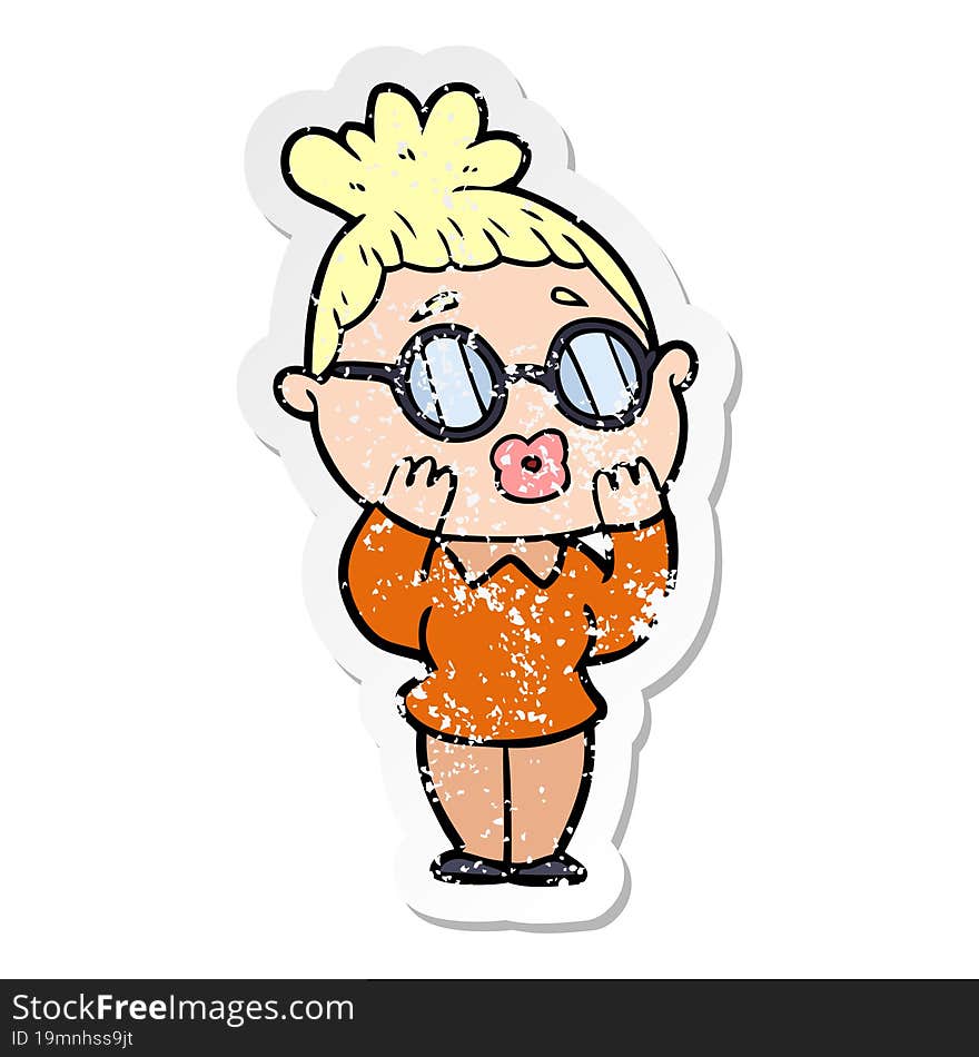 distressed sticker of a cartoon woman wearing spectacles