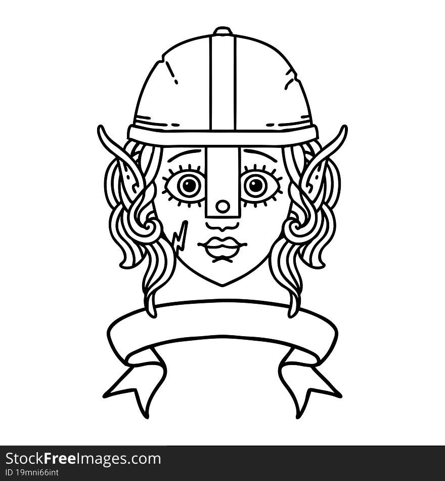 Black and White Tattoo linework Style elf fighter character face with banner. Black and White Tattoo linework Style elf fighter character face with banner