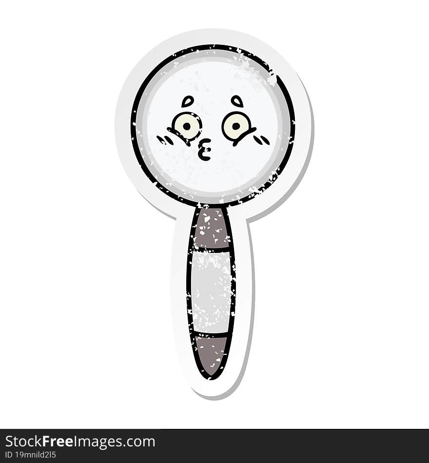 distressed sticker of a cute cartoon magnifying glass