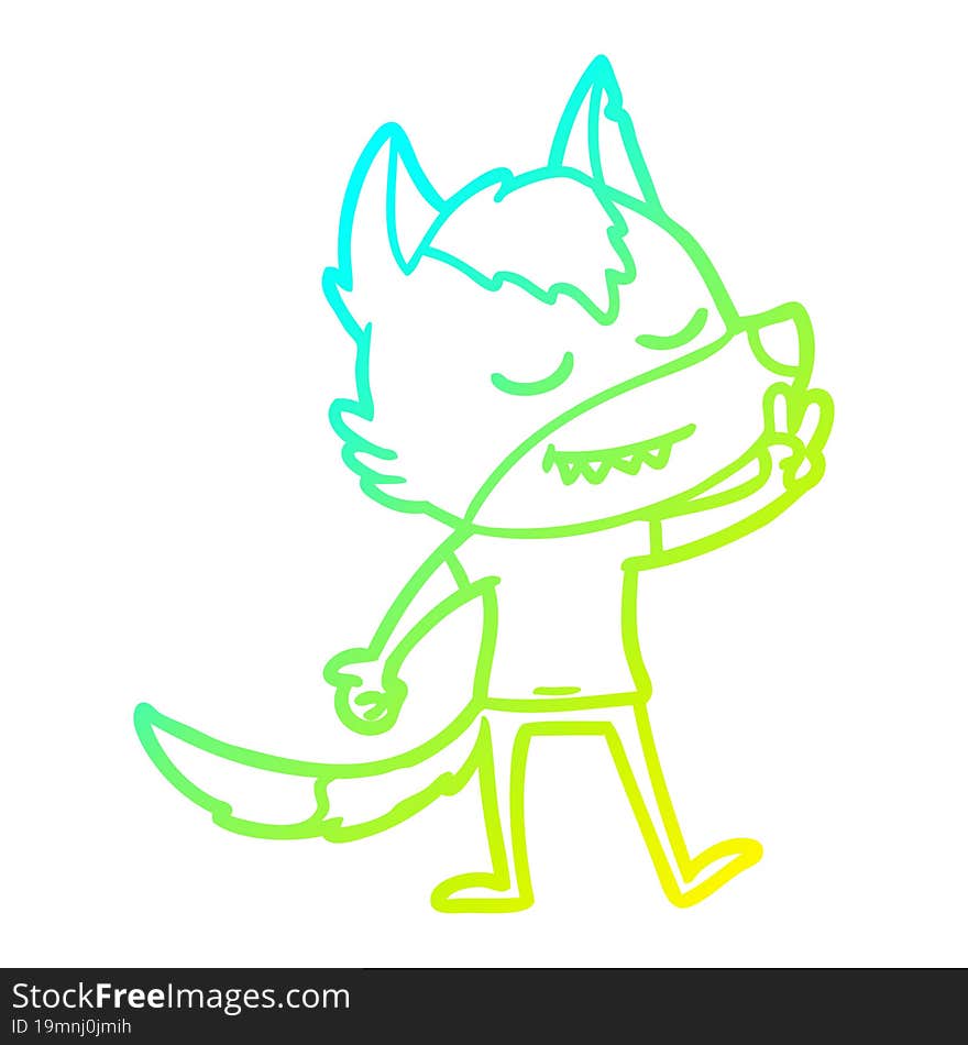 cold gradient line drawing friendly cartoon wolf making peace sign