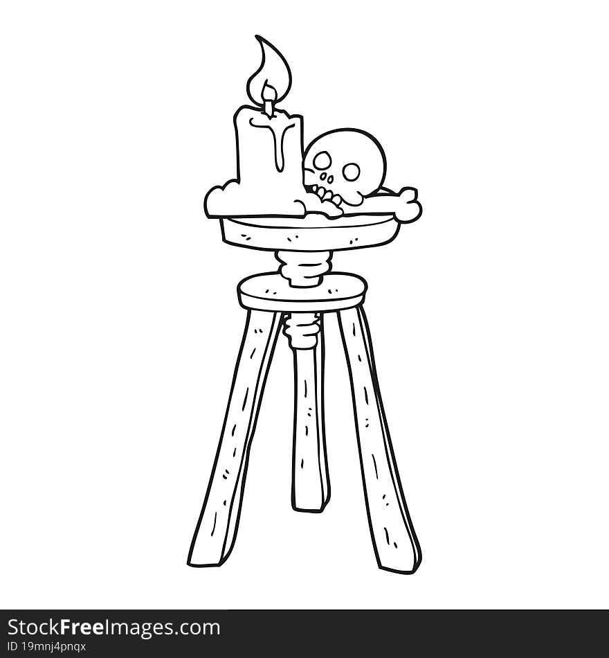 freehand drawn black and white cartoon spooky skull and candle