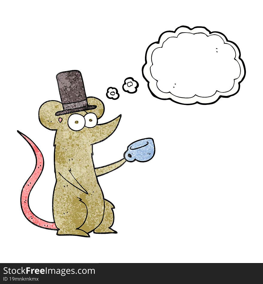 freehand drawn thought bubble textured cartoon mouse with cup and top hat