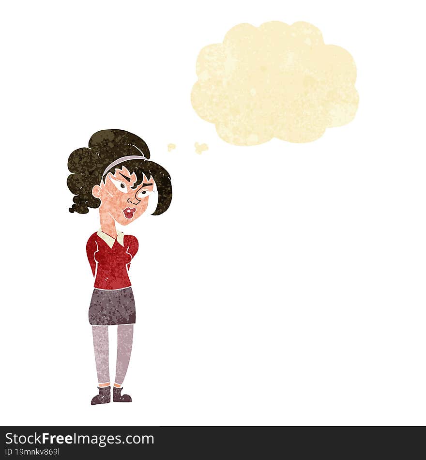 cartoon pretty girl tilting head with thought bubble