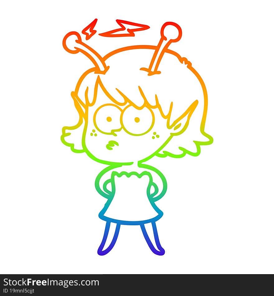 rainbow gradient line drawing of a cartoon alien girl