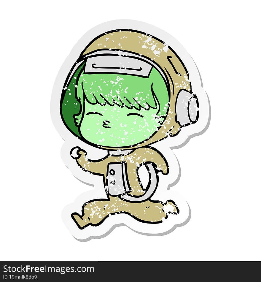 distressed sticker of a cartoon curious running astronaut