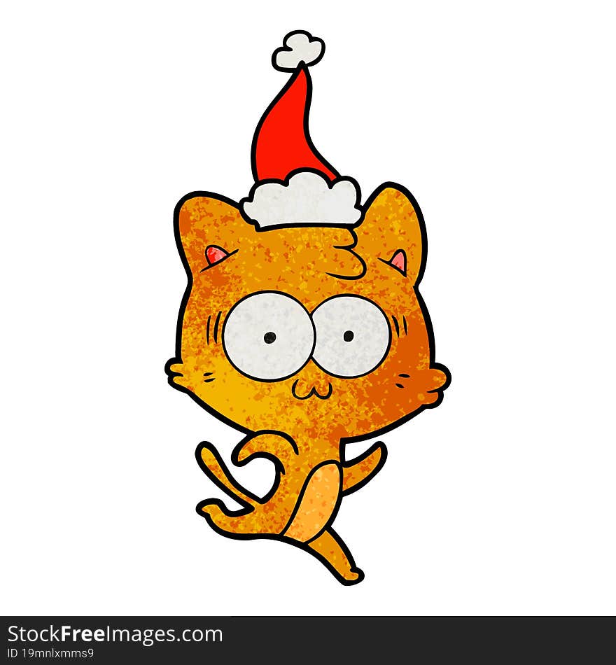 textured cartoon of a surprised cat running wearing santa hat