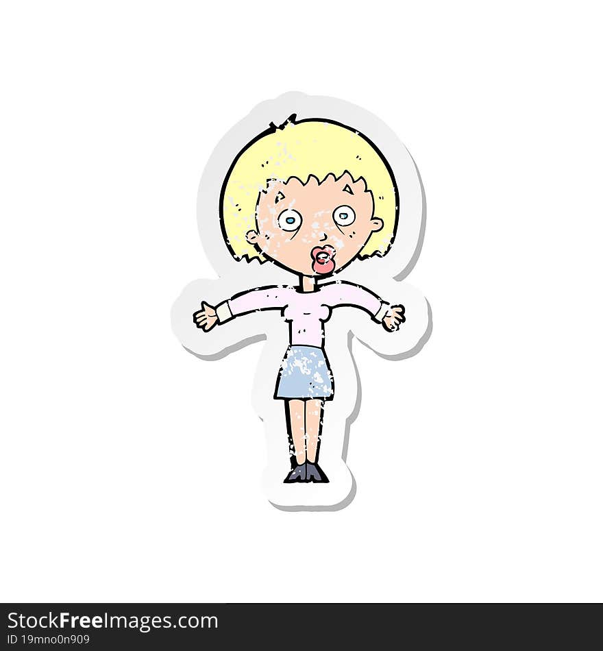 Retro Distressed Sticker Of A Cartoon Woman Shrugging Shoulders