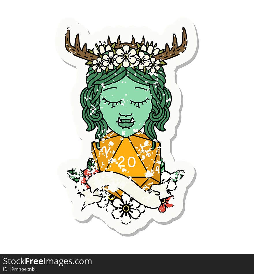 grunge sticker of a half orc druid character with natural 20 dice roll. grunge sticker of a half orc druid character with natural 20 dice roll