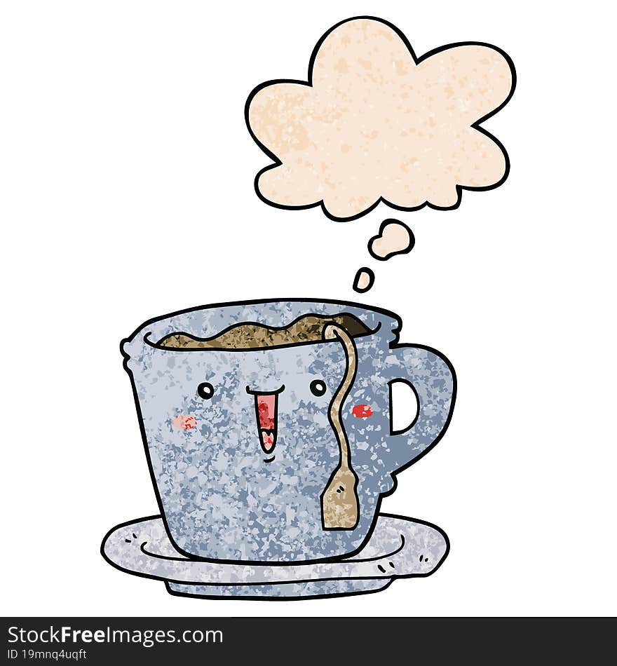 cute cartoon cup and saucer and thought bubble in grunge texture pattern style