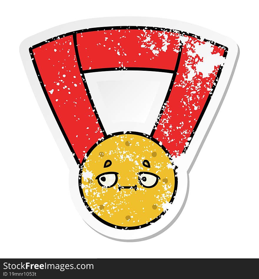 Distressed Sticker Of A Cute Cartoon Gold Medal