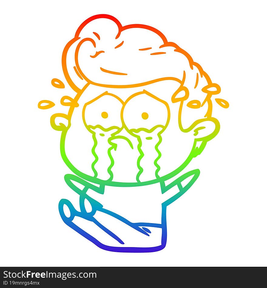 rainbow gradient line drawing cartoon crying man sat on floor