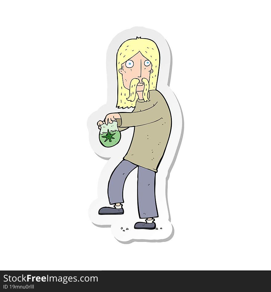sticker of a cartoon hippie man with bag of weed