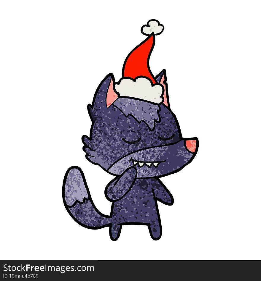 friendly textured cartoon of a wolf wearing santa hat