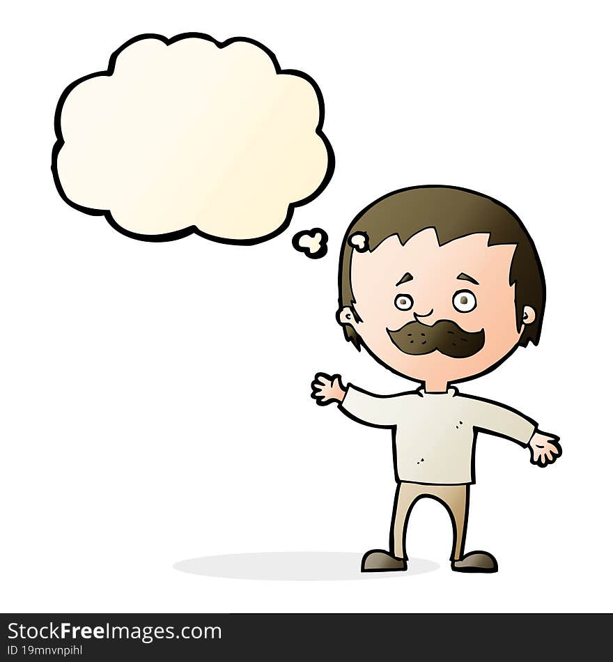 cartoon man with mustache waving with thought bubble