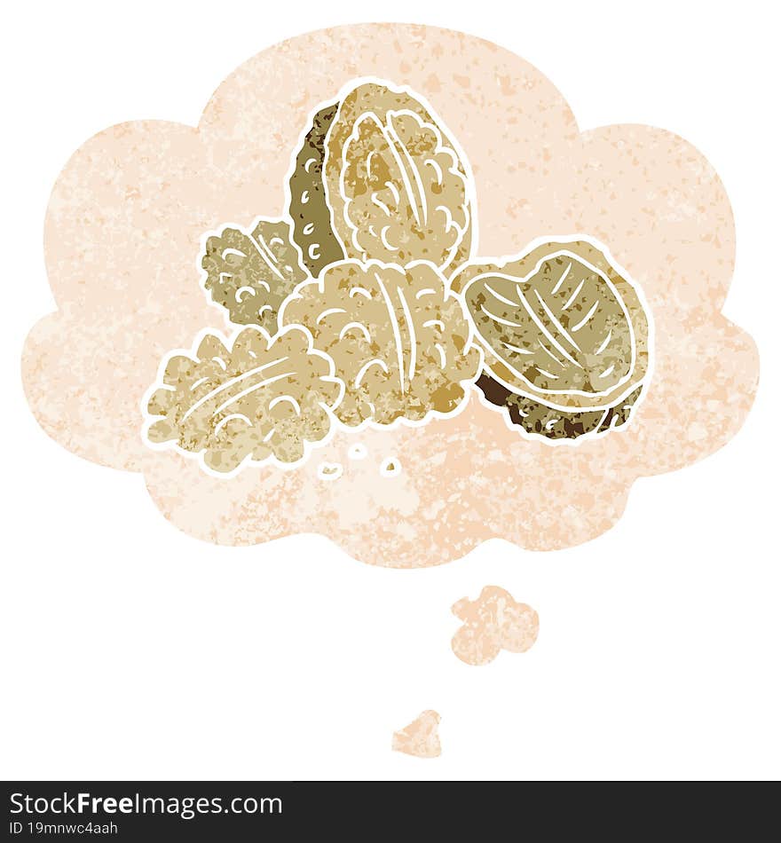 cartoon walnuts and thought bubble in retro textured style