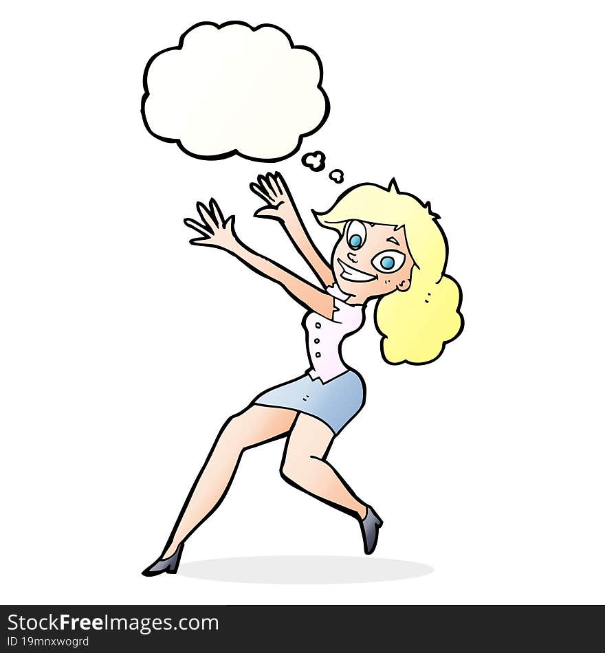 Cartoon Happy Woman Jumping With Thought Bubble