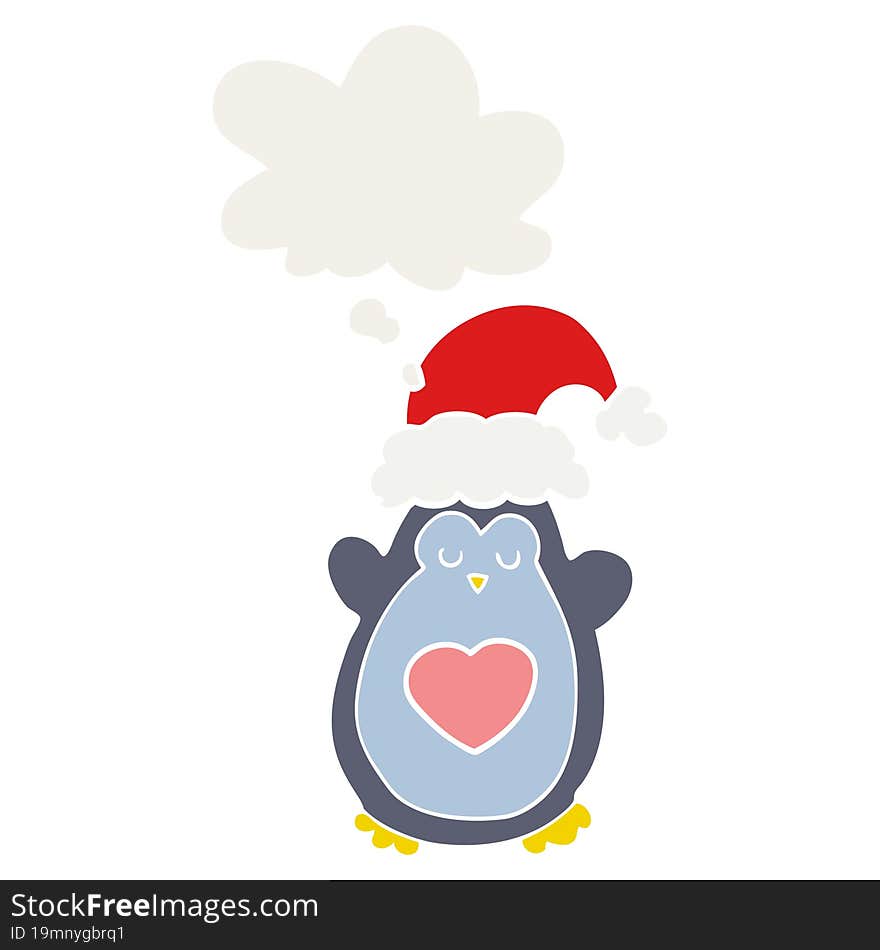 cute christmas penguin and thought bubble in retro style