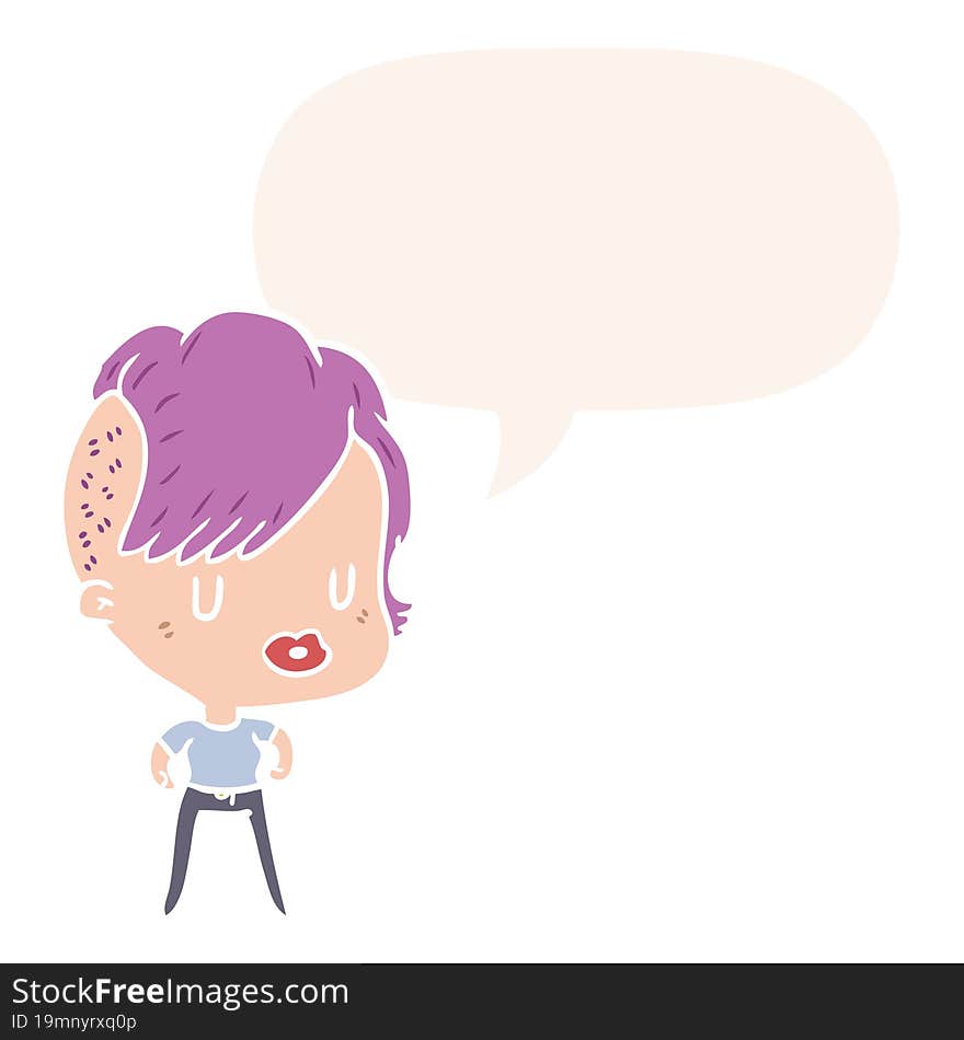 Cartoon Girl And Punk Hipster Haircut And Speech Bubble In Retro Style