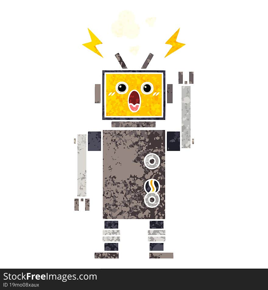 retro illustration style cartoon broken robot