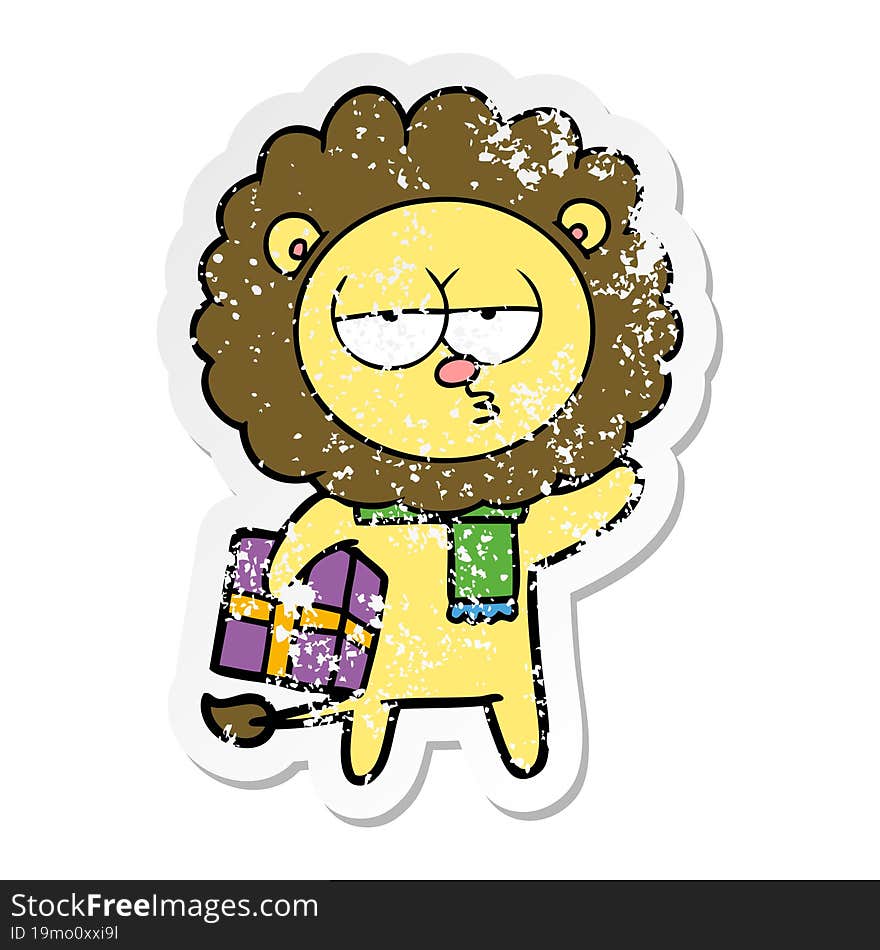 distressed sticker of a cartoon tired lion with gift