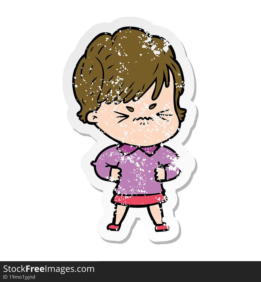 distressed sticker of a cartoon frustrated woman