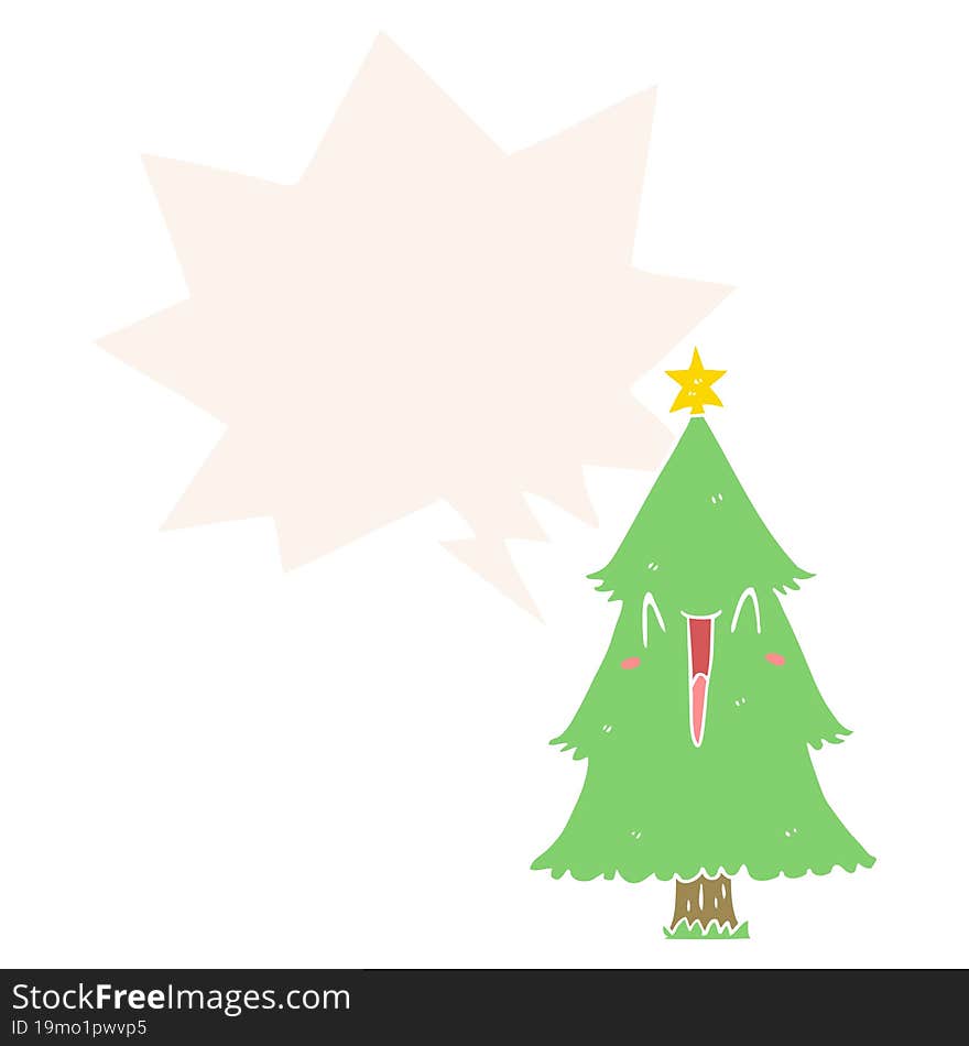 cartoon christmas tree with speech bubble in retro style