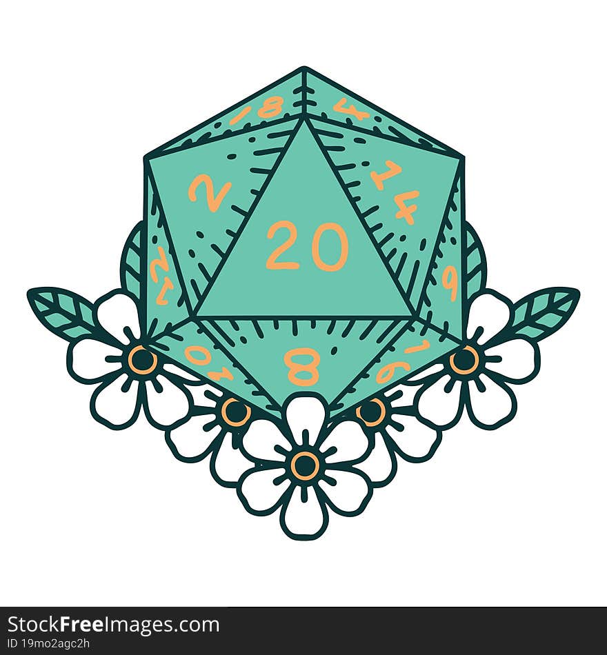 Retro Tattoo Style natural 20 D20 dice roll with floral elements. Retro Tattoo Style natural 20 D20 dice roll with floral elements