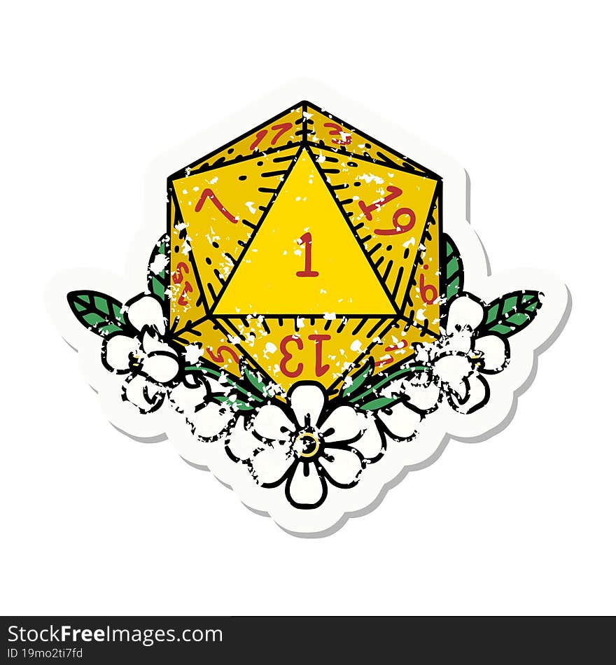 natural one dice roll with floral elements grunge sticker