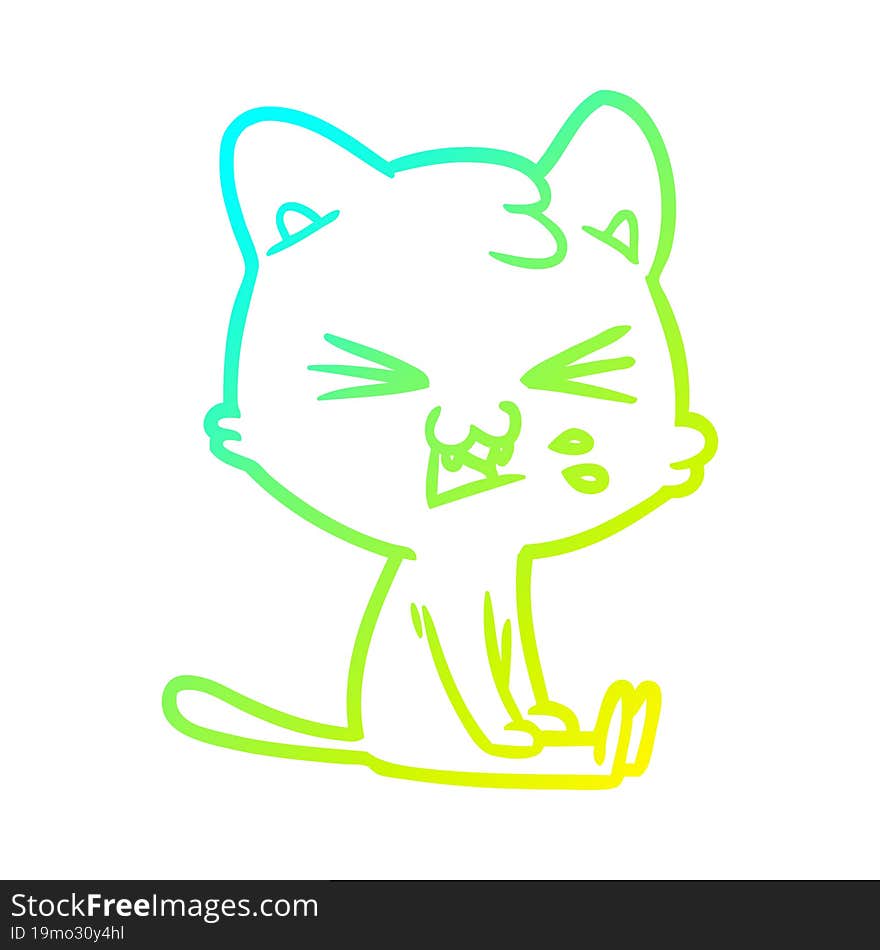 cold gradient line drawing of a cartoon cat hissing