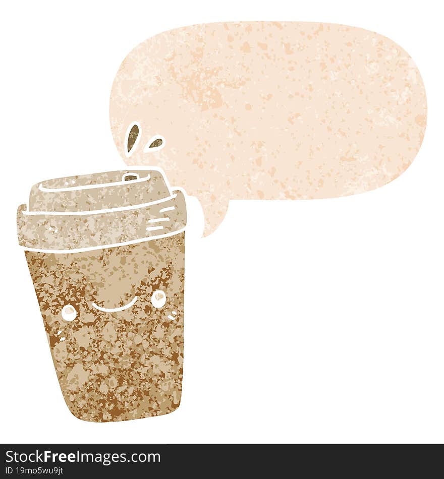 cartoon takeaway coffee with speech bubble in grunge distressed retro textured style. cartoon takeaway coffee with speech bubble in grunge distressed retro textured style