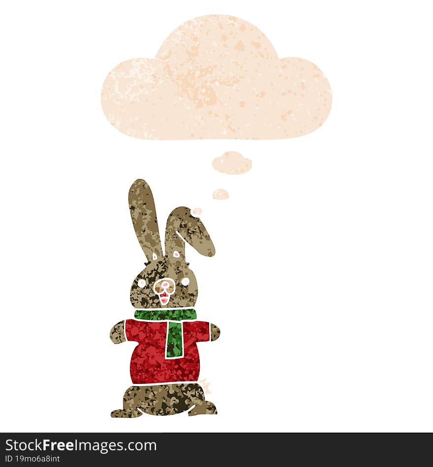 Cartoon Rabbit And Thought Bubble In Retro Textured Style