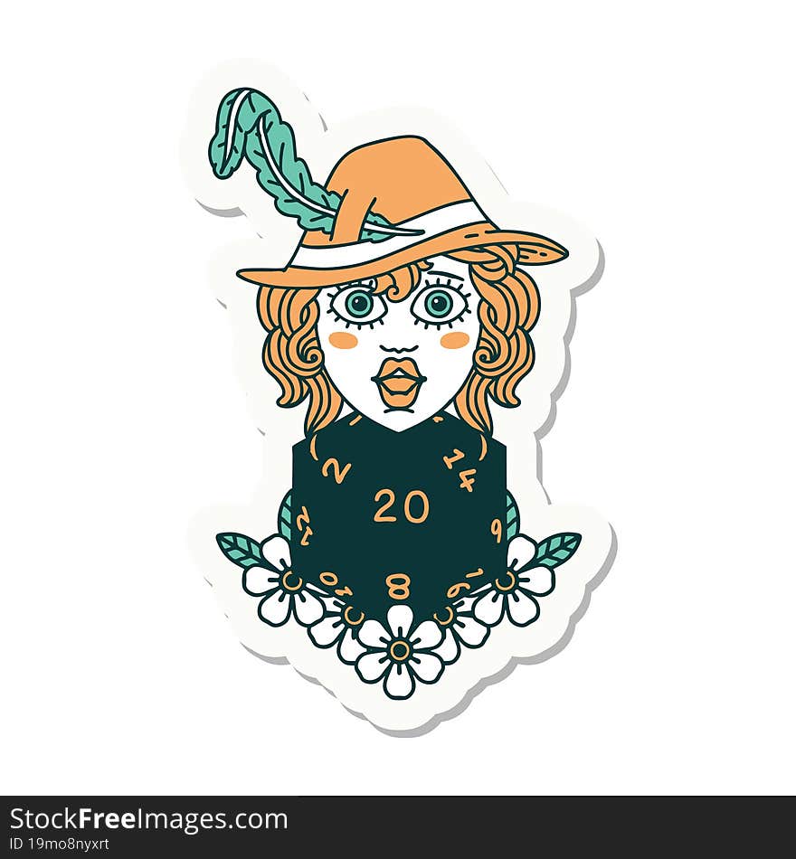 human bard with natural 20 dice roll sticker