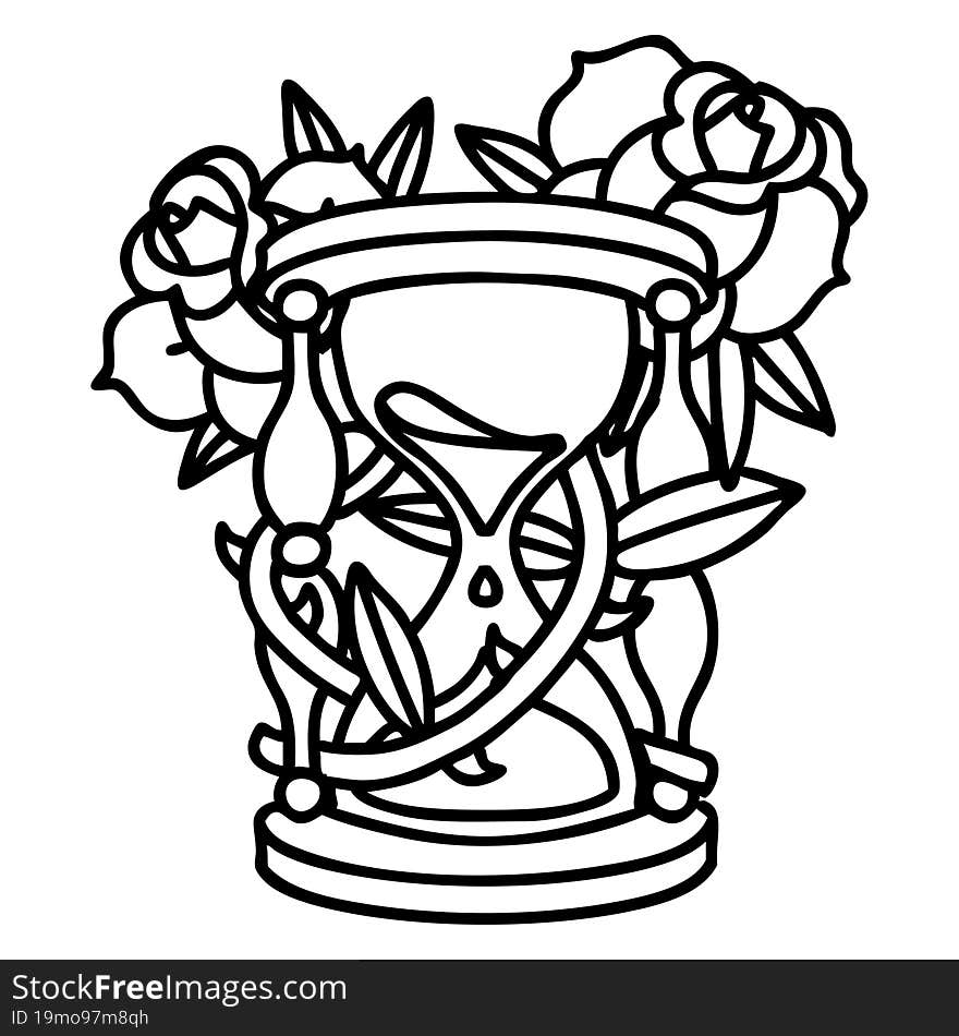 tattoo in black line style of an hour glass and flowers. tattoo in black line style of an hour glass and flowers