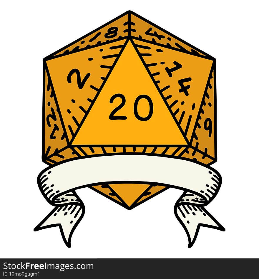 Retro Tattoo Style natural 20 critical hit D20 dice roll. Retro Tattoo Style natural 20 critical hit D20 dice roll