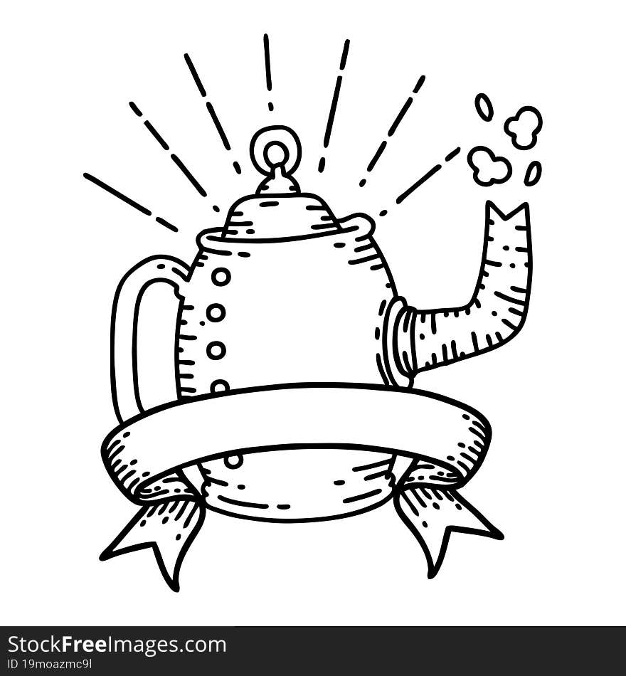 banner with black line work tattoo style old coffee pot steaming