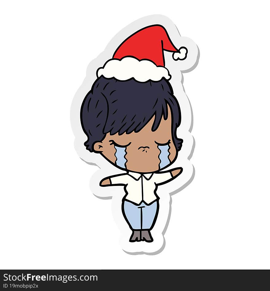 sticker cartoon of a woman crying wearing santa hat