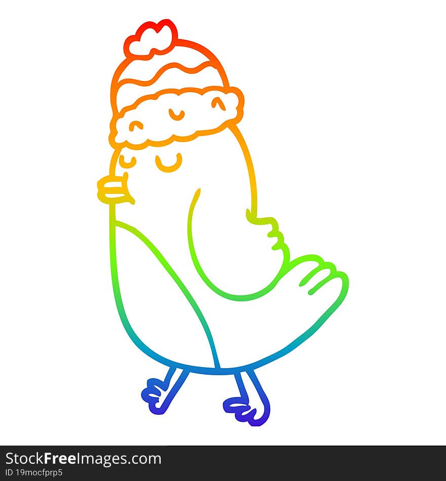 Rainbow Gradient Line Drawing Cartoon Christmas Robin