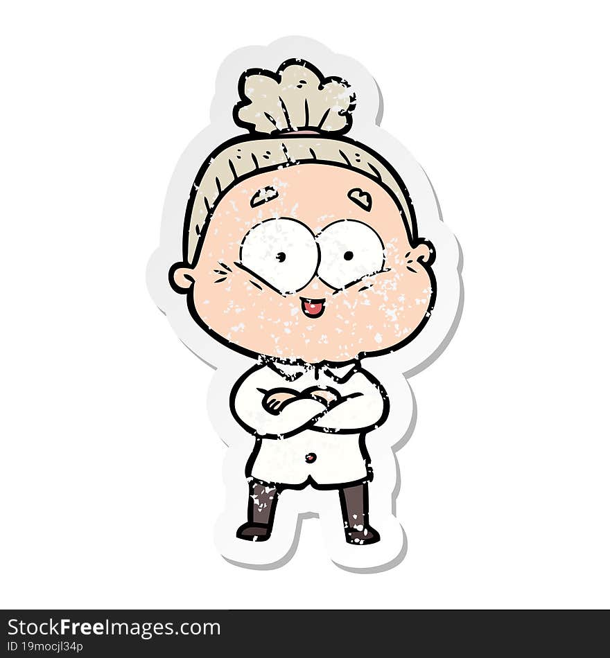 distressed sticker of a cartoon happy old woman