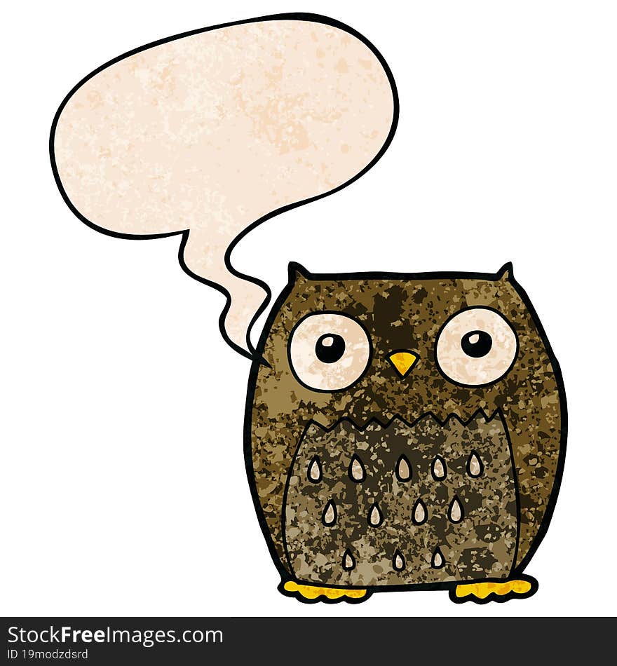 cartoon owl and speech bubble in retro texture style