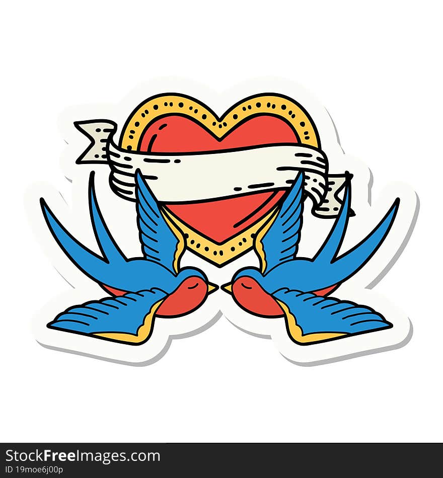 sticker of tattoo in traditional style of swallows and a heart with banner. sticker of tattoo in traditional style of swallows and a heart with banner