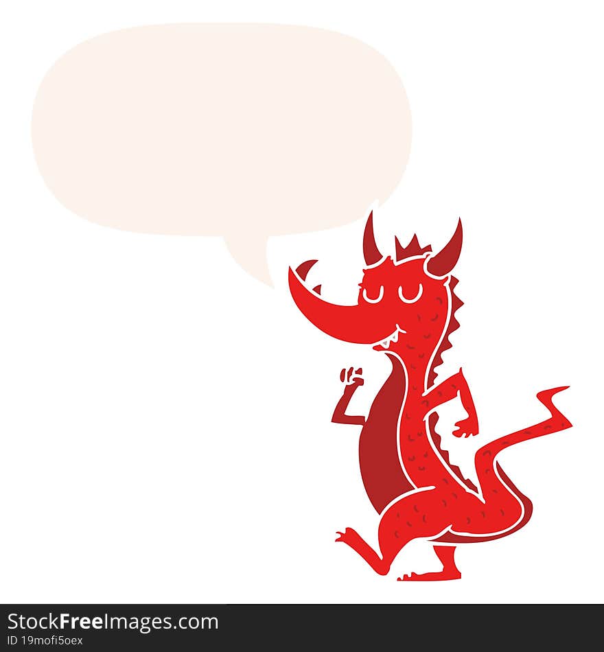 cartoon cute dragon with speech bubble in retro style