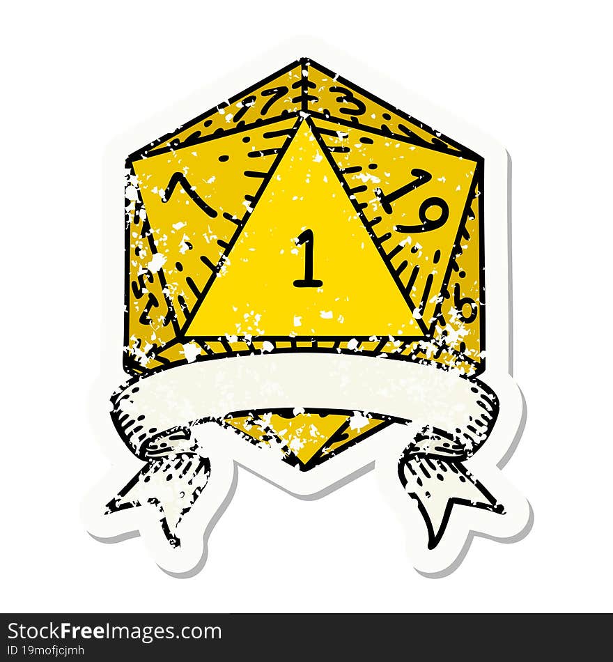 grunge sticker of a natural one d20 dice roll. grunge sticker of a natural one d20 dice roll