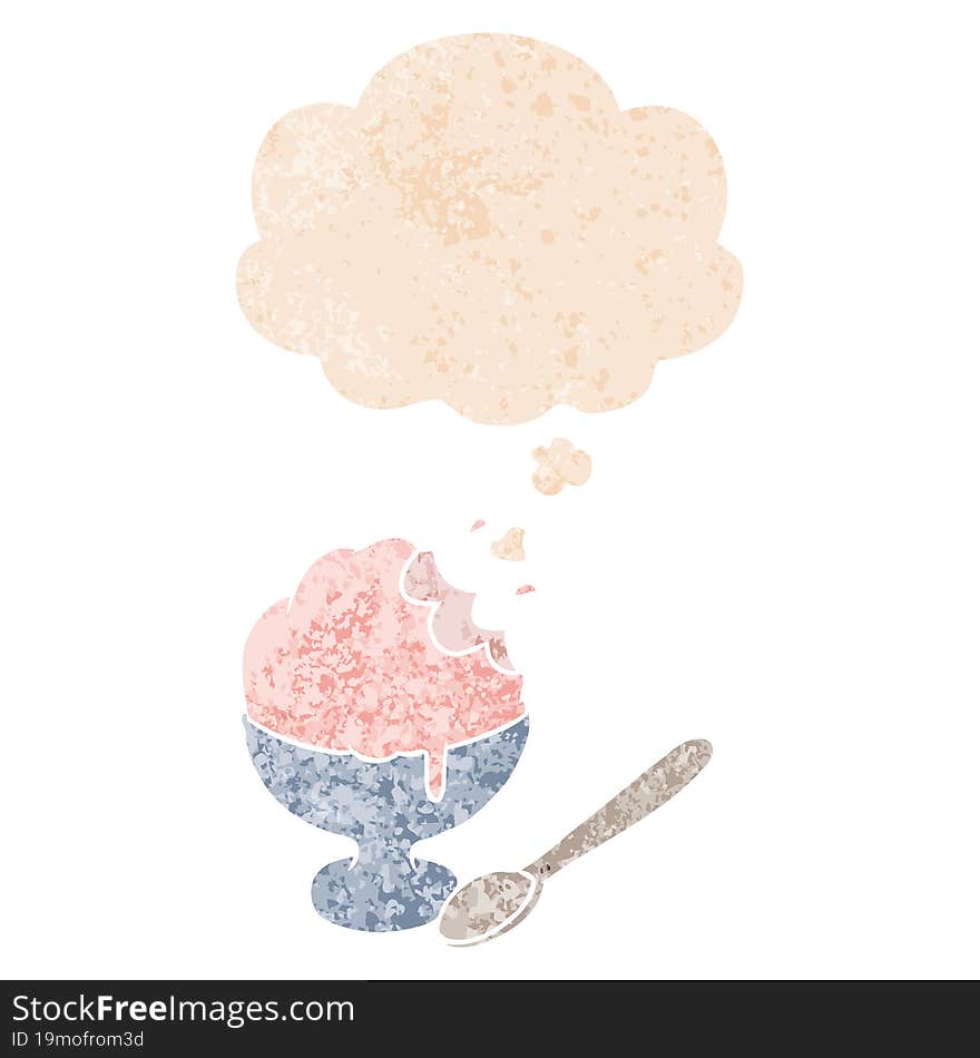 cartoon ice cream dessert and thought bubble in retro textured style