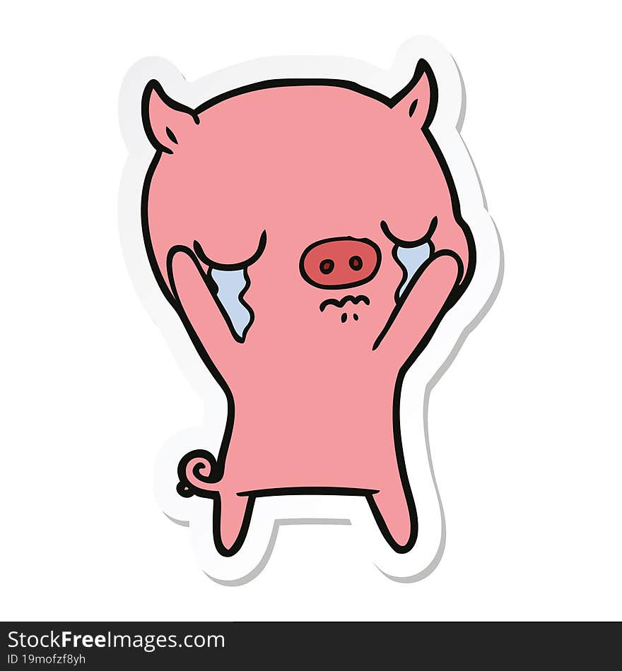 Sticker Of A Cartoon Pig Crying