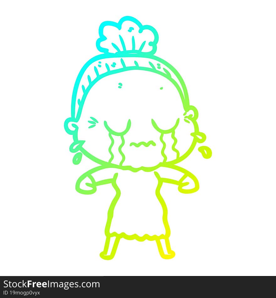 cold gradient line drawing cartoon crying old lady