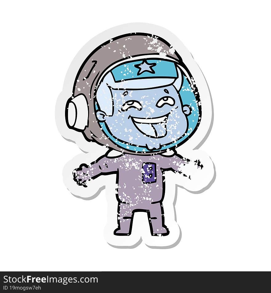 distressed sticker of a cartoon laughing astronaut