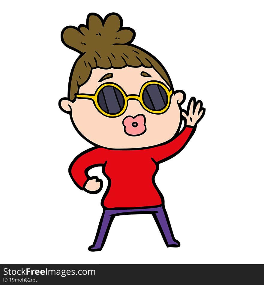 cartoon waving woman wearing sunglasses. cartoon waving woman wearing sunglasses