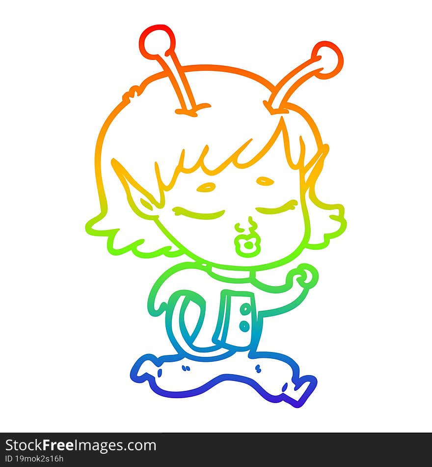 rainbow gradient line drawing of a cartoon alien girl